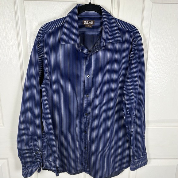 Michael Kors Mens Dress Shirt Blue Striped Size Large Button Down - Picture 1 of 6
